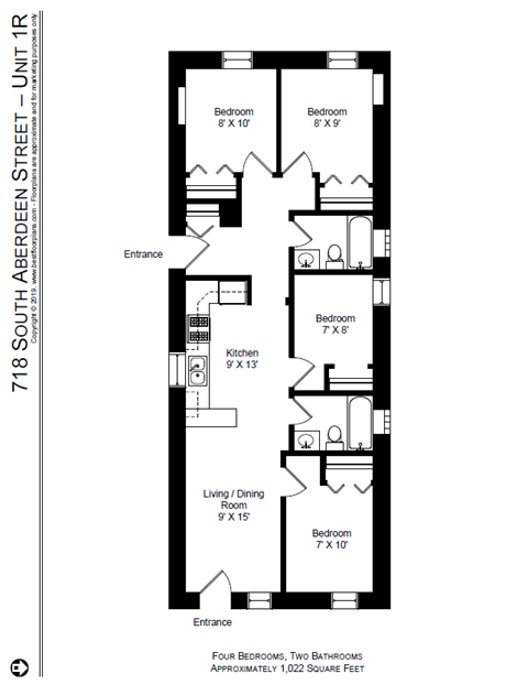 Floor plan for 4 beds, 2 baths, 1022 sqft